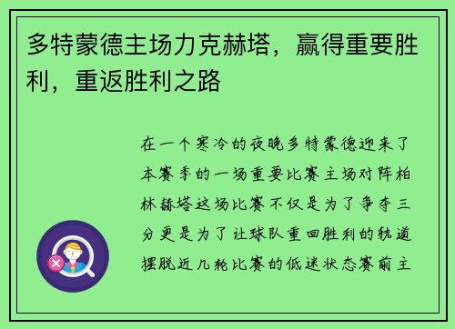 多特蒙德主场力克赫塔，赢得重要胜利，重返胜利之路