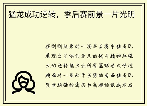 猛龙成功逆转，季后赛前景一片光明
