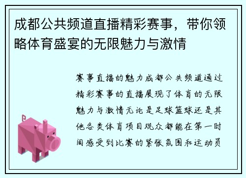成都公共频道直播精彩赛事，带你领略体育盛宴的无限魅力与激情