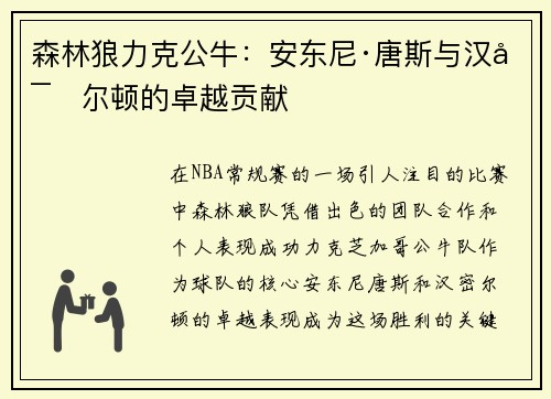 森林狼力克公牛：安东尼·唐斯与汉密尔顿的卓越贡献