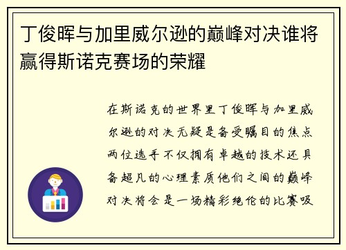 丁俊晖与加里威尔逊的巅峰对决谁将赢得斯诺克赛场的荣耀