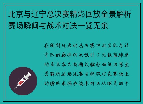 北京与辽宁总决赛精彩回放全景解析赛场瞬间与战术对决一览无余