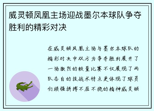 威灵顿凤凰主场迎战墨尔本球队争夺胜利的精彩对决